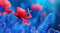 Generative AI Red poppy flower in a blooming blue field and a bee in nature closeup macro Soft selective focus bus Royalty Free Stock Photo