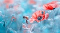 Generative AI Red poppy flower in a blooming blue field and a bee in nature closeup macro Soft selective focus bus Royalty Free Stock Photo