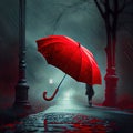 Generative AI: red umbrella flying on a contrasting blue background