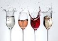 Generative AI Red, white and rose wine glasses and one champagne glass dancing and plash on white background busin