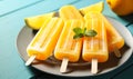 Refreshing Orange Popsicles on White Plate Over Vibrant Blue Wooden Table, Summertime Treats for Cooling Off in the Heat