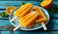 Refreshing Orange Popsicles on White Plate Over Vibrant Blue Wooden Table, Summertime Treats for Cooling Off in the Heat