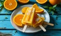 Refreshing Orange Popsicles on White Plate Over Vibrant Blue Wooden Table, Summertime Treats for Cooling Off in the Heat Royalty Free Stock Photo