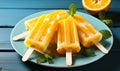 Refreshing Orange Popsicles on White Plate Over Vibrant Blue Wooden Table, Summertime Treats for Cooling Off in the Heat