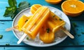 Refreshing Orange Popsicles on White Plate Over Vibrant Blue Wooden Table, Summertime Treats for Cooling Off in the Heat