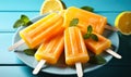 Refreshing Orange Popsicles on White Plate Over Vibrant Blue Wooden Table, Summertime Treats for Cooling Off in the Heat