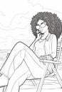 Generative AI Relaxed curly haired young woman lies on stomach at beach sunbathes wears sunglasses bathingsuit hol