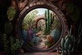 Generative AI render of a cactus garden in a round window frame Royalty Free Stock Photo