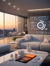 Generative AI Residential interiors and data network. Smart modern home. Buttons with neon illumination. Royalty Free Stock Photo