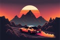 Generative AI, Retro car in retro style, nostalgic 80s, 90s. Night landscape, sunset colors, scifi, retrowave vintage illustration Royalty Free Stock Photo