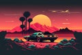 Generative AI, Retro car in retro style, nostalgic 80s, 90s. Night landscape, sunset colors, scifi, retrowave vintage illustration Royalty Free Stock Photo