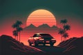 Generative AI, Retro car in retro style, nostalgic 80s, 90s. Night landscape, sunset colors, scifi, retrowave vintage illustration Royalty Free Stock Photo