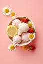 Generative AI Ripe appetizing strawberries fresh orange cumquat and white coconut flakes isolated on pink wall Del