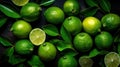 Generative AI, ripe fresh limes fruit with leaves, healthy food photorealistic illustration.