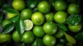 Generative AI, ripe fresh limes fruit with leaves, healthy food photorealistic illustration.