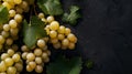 Generative AI Ripe white grapes with leaves on a black background Copy space Flat layTop view business concept. Royalty Free Stock Photo