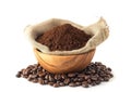 Generative AI Roasted coffee beans in sack bag with coffe powder (ground coffee) in wooden bowl isolated on white