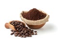 Generative AI Roasted coffee beans in sack bag with coffe powder (ground coffee) in wooden bowl isolated on white