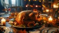 Generative AI Roasted Turkey. Thanksgiving table served with turkey, decorated with bright autumn leaves and candl Royalty Free Stock Photo