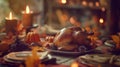 Generative AI Roasted Turkey. Thanksgiving table served with turkey, decorated with bright autumn leaves and candl Royalty Free Stock Photo