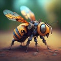 Generative AI, Robot cyborg bee, concept blockchain and technology networks, yellow mechanical insect. Steampunk cyberpunk style,