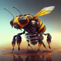 Generative AI, Robot cyborg bee, concept blockchain and technology networks, yellow mechanical insect. Steampunk cyberpunk style,