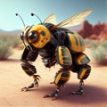 Generative AI, Robot cyborg bee, concept blockchain and technology networks, yellow mechanical insect. Steampunk cyberpunk style,