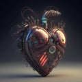 Generative AI, Robot heart in cyberpunk style, futuristic illustration. Love, feelings, romantic St. Valentine`s Day concept. Sci