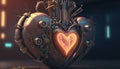 Generative AI, Robot heart in cyberpunk style, futuristic illustration. Love, feelings, romantic St. Valentine\'s Day