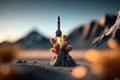 Generative AI, Rocket launch from the ground, mountains. Illustration concept of business product on a market, startup,