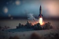 Generative AI, Rocket launch from the ground, mountains. Illustration concept of business product on a market, startup,