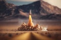 Generative AI, Rocket launch from the ground, mountains. Illustration concept of business product on a market, startup,