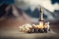 Generative AI, Rocket launch from the ground, mountains. Illustration concept of business product on a market, startup,