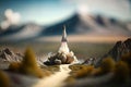 Generative AI, Rocket launch from the ground, mountains. Illustration concept of business product on a market, startup,
