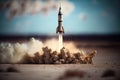 Generative AI, Rocket launch from the ground, mountains. Illustration concept of business product on a market, startup,