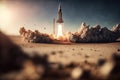 Generative AI, Rocket launch from the ground, mountains. Illustration concept of business product on a market, startup,