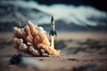 Generative AI, Rocket launch from the ground, mountains. Illustration concept of business product on a market, startup,