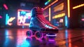 Generative AI, Roller skate in cyberpunk style, disco nostalgic 80s, 90s. Neon night lights vibrant colors