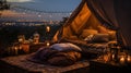 Generative AI, romantic camping with lantern lights, pillows, blanket. City view