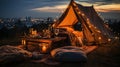 Generative AI, romantic camping with lantern lights, pillows, blanket. City view