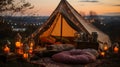 Generative AI, romantic camping with lantern lights, pillows, blanket. City view