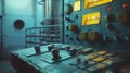 Generative AI A room with a control panel of an abandoned factory. Mechanical control panel for equipment business Royalty Free Stock Photo