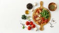 Generative AI Round cutting board with pizza ingridients on white background top view business concept.