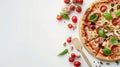 Generative AI Round cutting board with pizza ingridients on white background top view business concept.