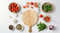 Generative AI Round cutting board with pizza ingridients on white background top view business concept.