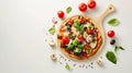 Generative AI Round cutting board with pizza ingridients on white background top view business concept.