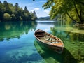 Generative AI. Rowing boat on the shore of a lake next to the trees on a perfect sunny day