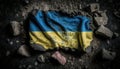 Generative AI, Ruined Ukraine banner, Ukrainian flag on broken concrete, cracked, shattered