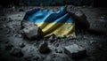 Generative AI, Ruined Ukraine banner, Ukrainian flag on broken concrete, cracked, shattered