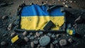 Generative AI, Ruined Ukraine banner, Ukrainian flag on broken concrete, cracked, shattered, rubble ground.
